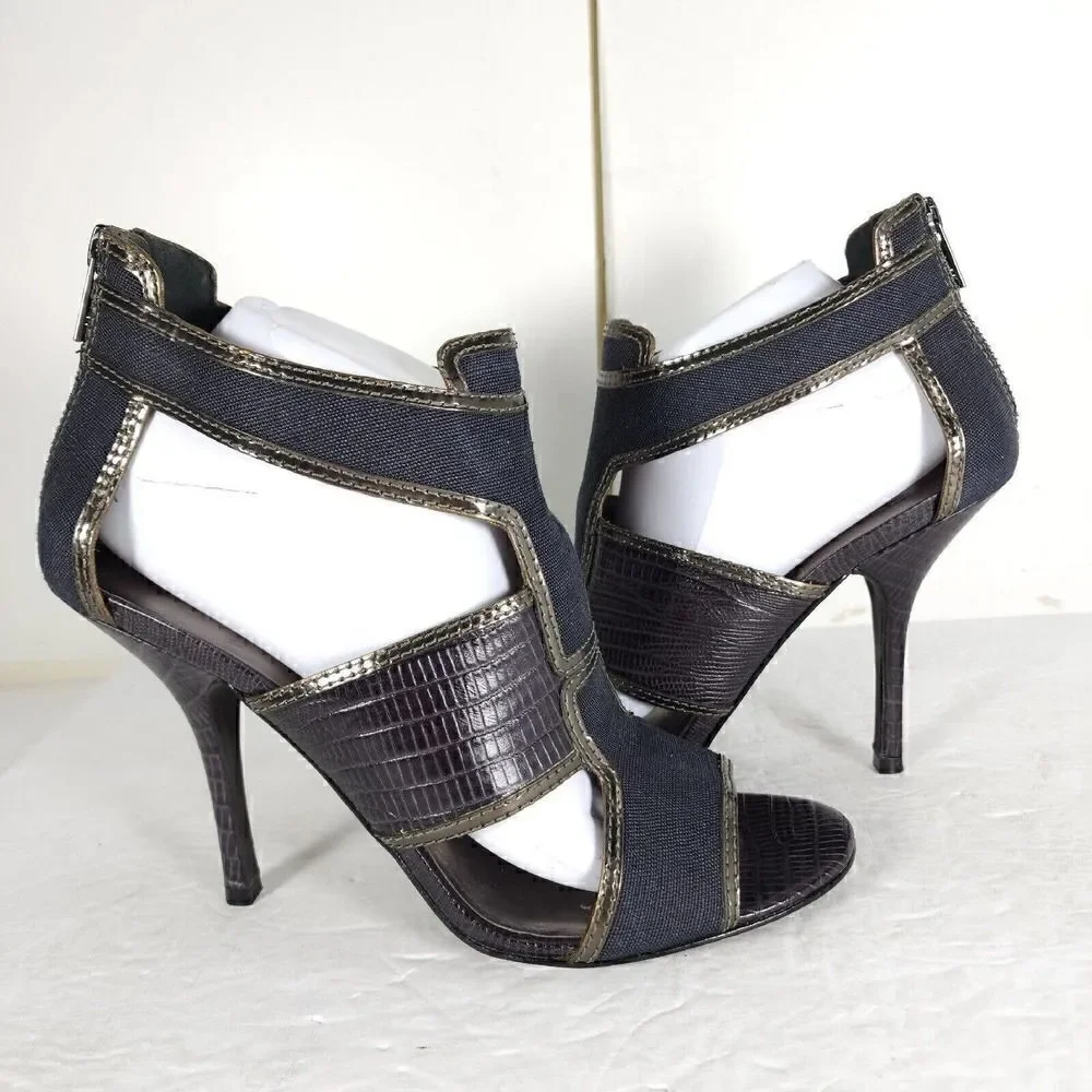 Tory Burch Women's US 10M Blue Canvas Leather Animal Print Cut-Out Heeled Sandal